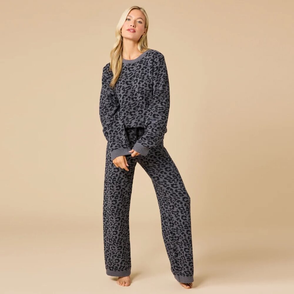 Softies Marshmallow Leopard Crew Neck Lounge Set in Wild Grey, Size Small